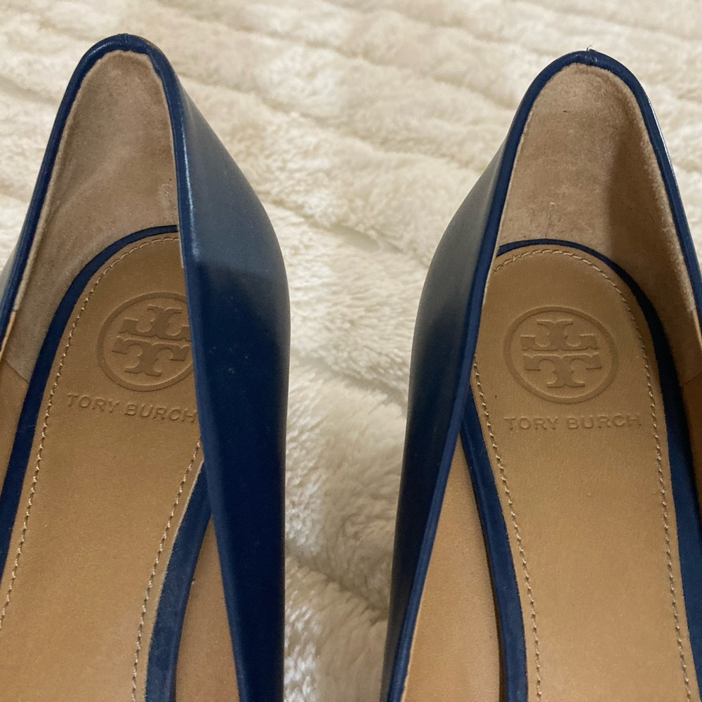 Tory Burch Navy Blue Peep-Toe Heels - Picture 2 of 7